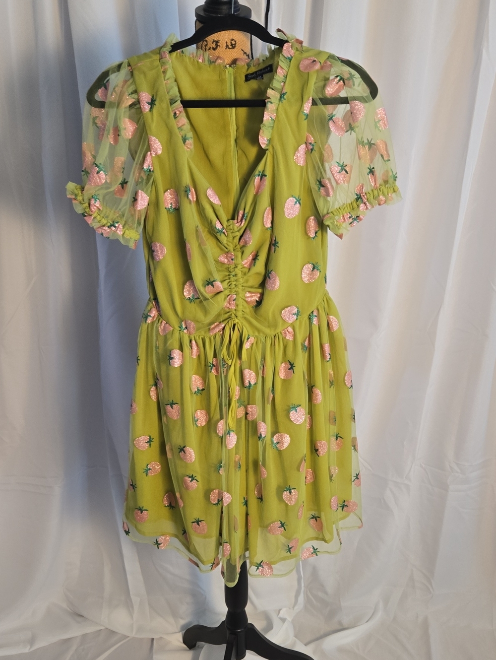 SMAK PARLOUR Green Strawberry Print Chiffon Dress with Pink Sequin Accents